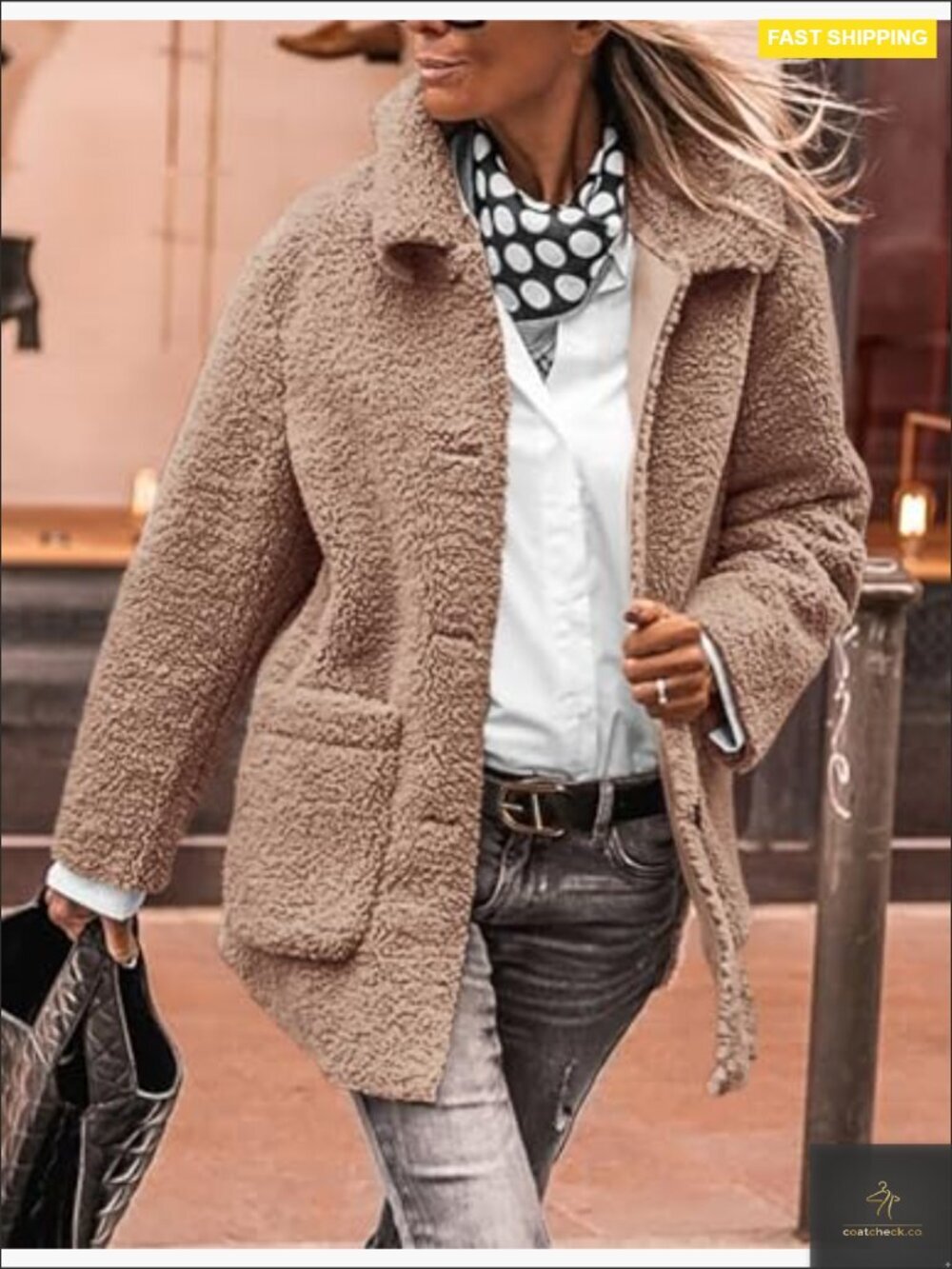 Faux Fur Coat Long Sleeve Lapel Button Down Pockets Sherpa Jacket Winter Trendy - Picture 6 of 7